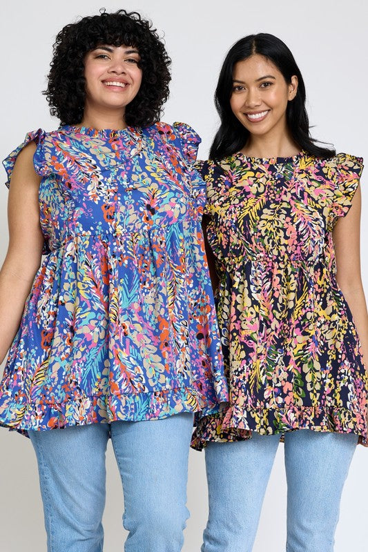 Ruffle floral leaf woven tunic top