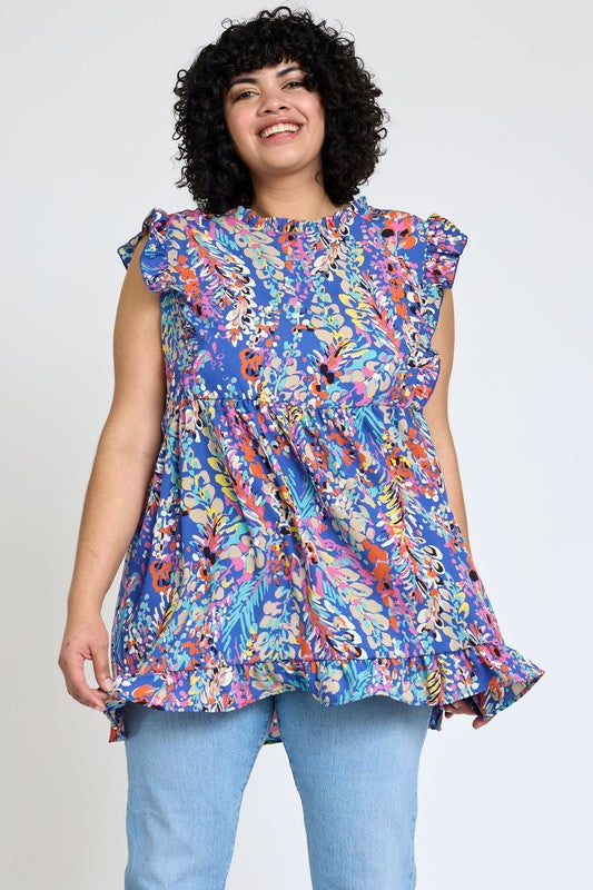 Ruffle floral leaf woven tunic top