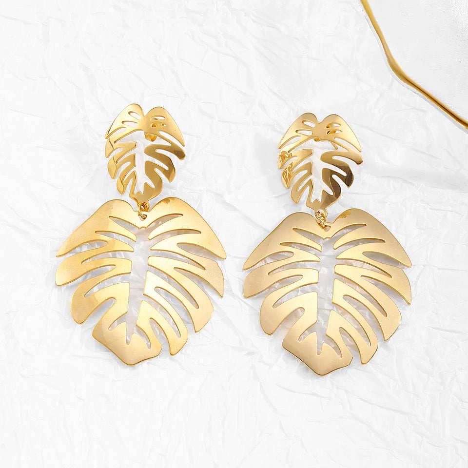 Double Gold Monstera- Earrings