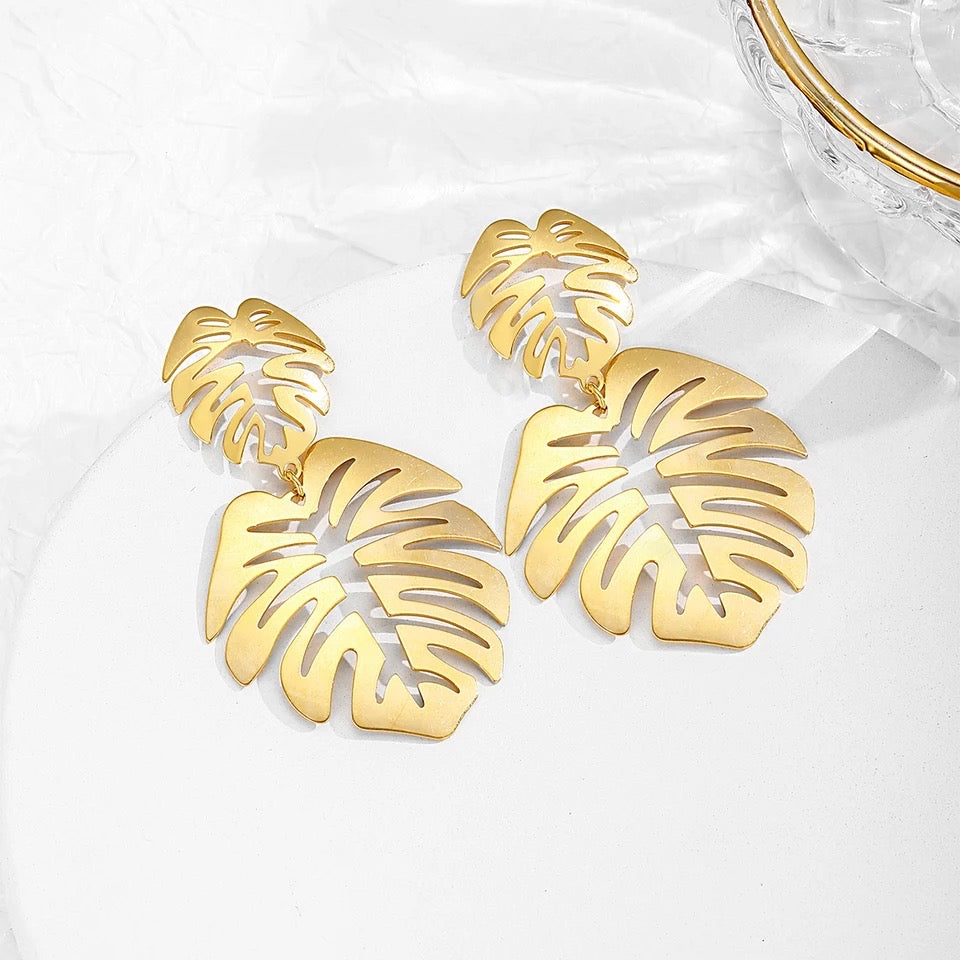 Double Gold Monstera- Earrings