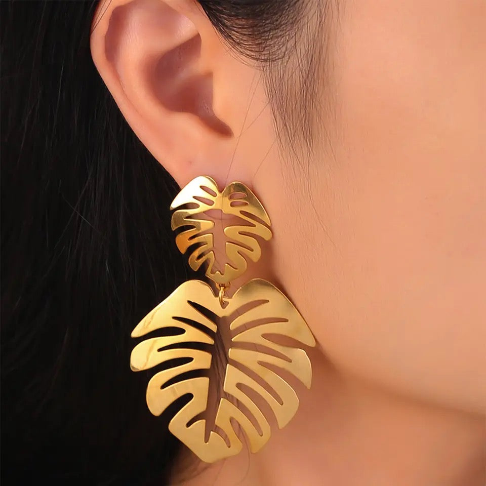 Double Gold Monstera- Earrings